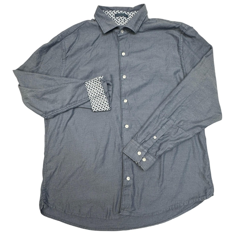 Ted Baker Shirt Mens XL Blue Herringbone Twill Button Up Cotton Kenya Casual